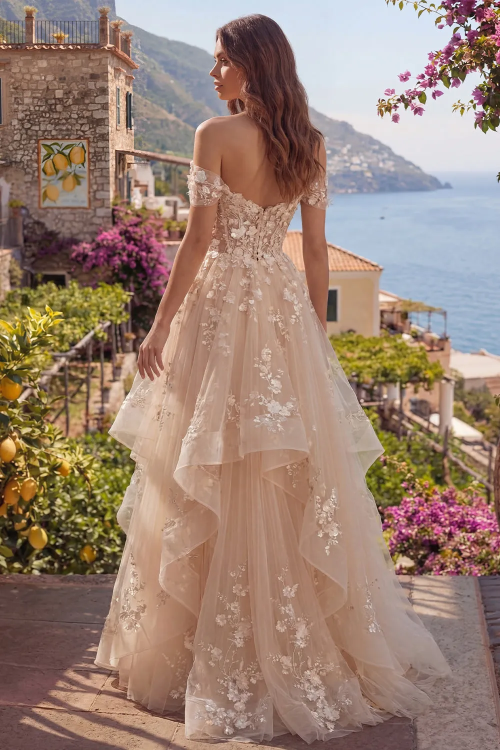 Champagne A-Line Off the Shoulder Floral Corset Long Prom Dress with Ruffles sold by Zapaka product image thumbnail 2