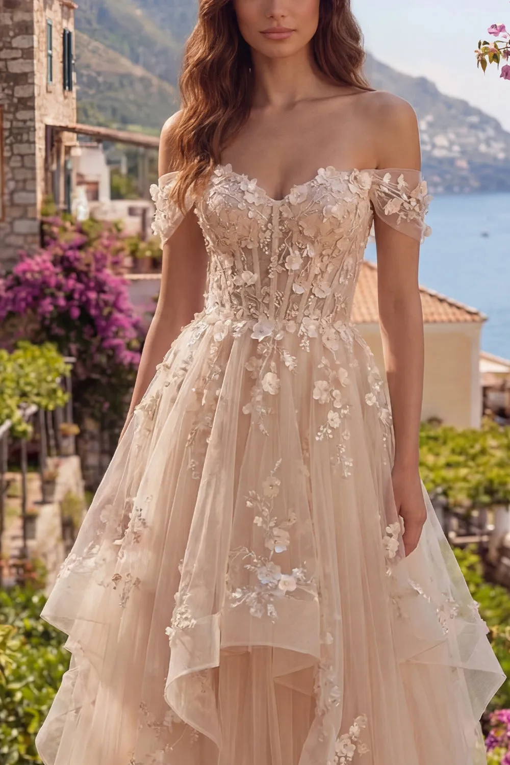 Champagne A-Line Off the Shoulder Floral Corset Long Prom Dress with Ruffles sold by Zapaka product image thumbnail 3
