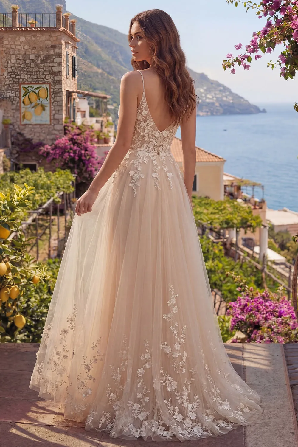 Champagne A-Line Tulle Floral Long Prom Dress with Appliques sold by Zapaka product image thumbnail 2