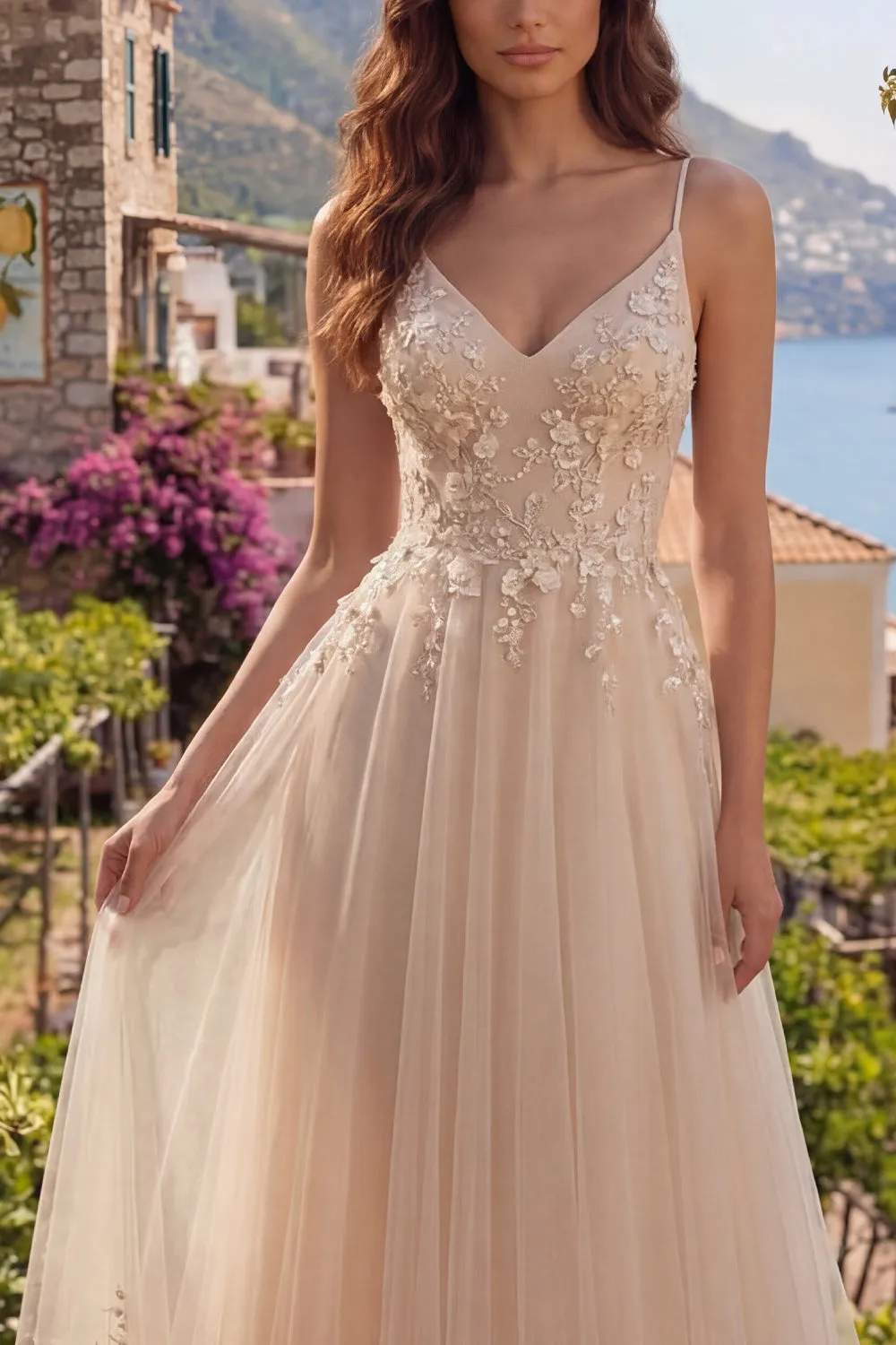 Champagne A-Line Tulle Floral Long Prom Dress with Appliques sold by Zapaka product image thumbnail 3