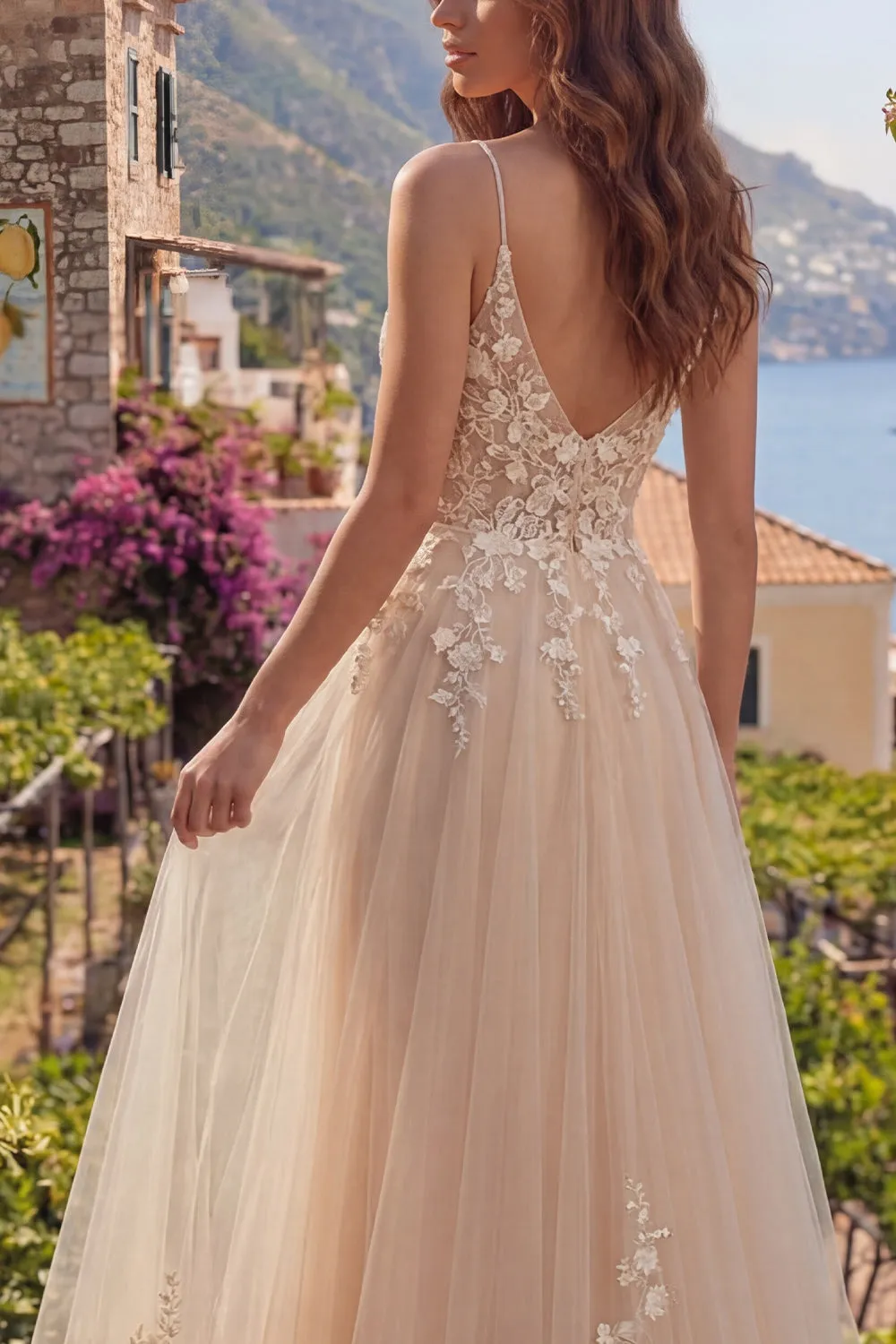 Champagne A-Line Tulle Floral Long Prom Dress with Appliques sold by Zapaka product image thumbnail 4