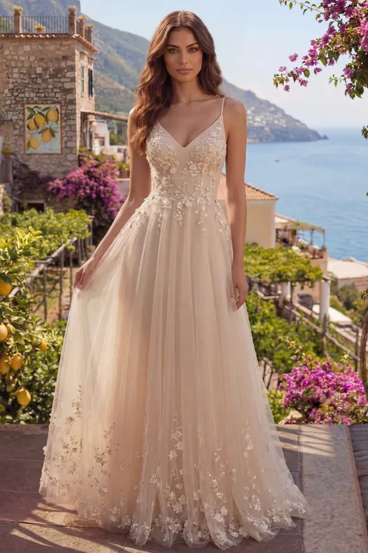 Champagne A-Line Tulle Floral Long Prom Dress with Appliques made by Zapaka