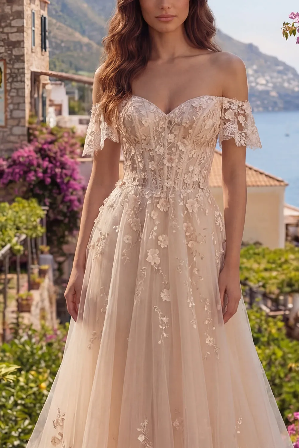A-Line Tulle Champagne Off the Shoulder Corset Long Prom Dress with Appliques sold by Zapaka product image thumbnail 3