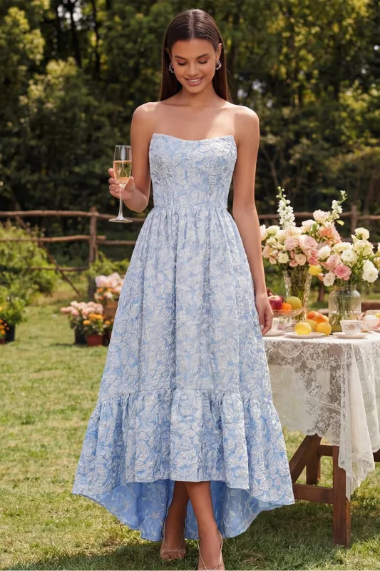 A-Line Blue Floral Strapless High Low Floral Dress made by Zapaka