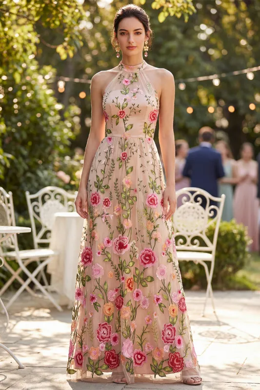 Blush A-Line Embroidered Tulle Halter Neck Long Floral Dress made by Zapaka