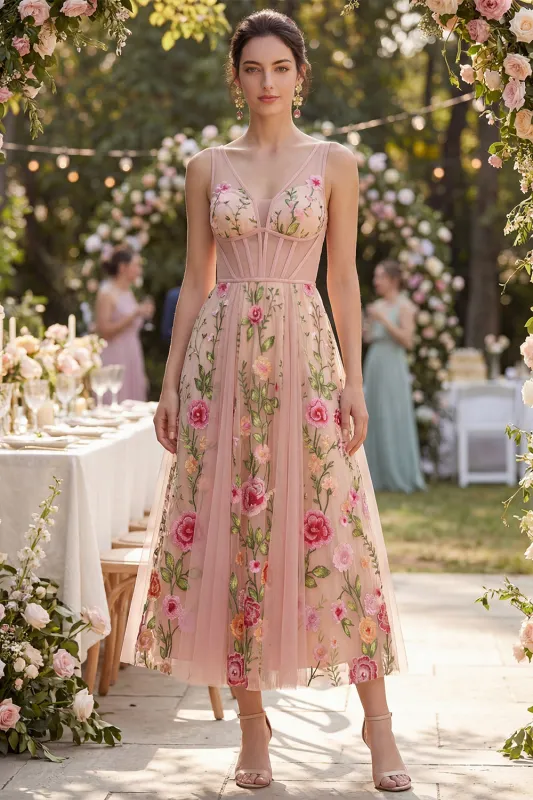 Blush A-Line Embroidered Tulle V-Neck Corset Floral Midi Dress made by Zapaka