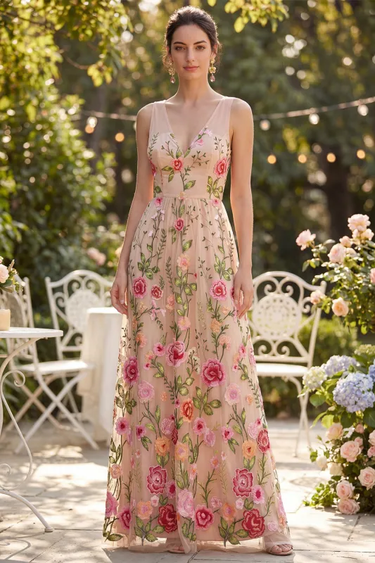 Tulle V-Neck Blush A-Line Embroidered Long Floral Dress made by Zapaka