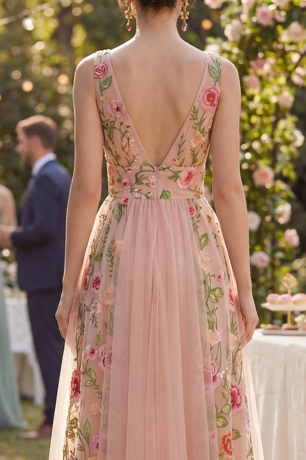 A-Line Tulle V-Neck Blush Embroidered Midi Floral Dress sold by Zapaka product image thumbnail 4