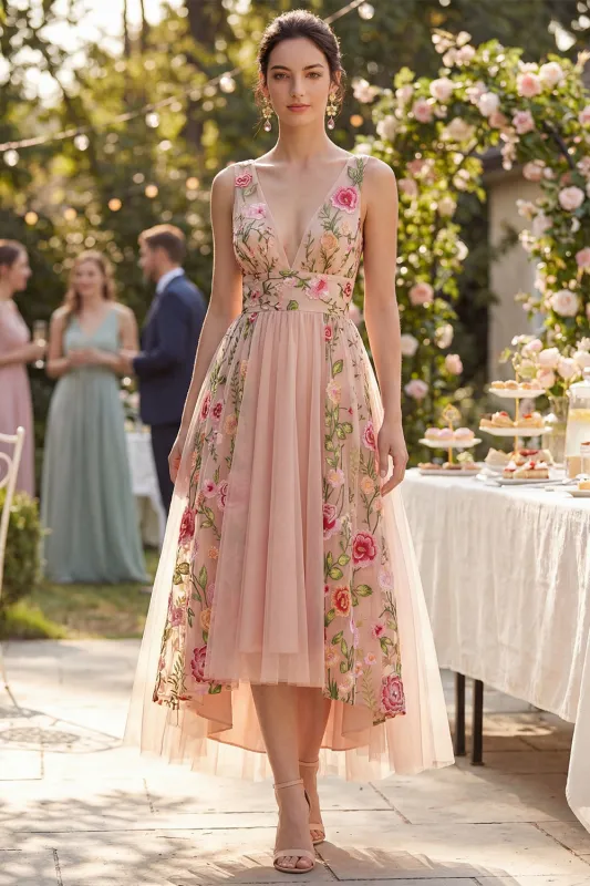 A-Line Tulle V-Neck Blush Embroidered Midi Floral Dress made by Zapaka