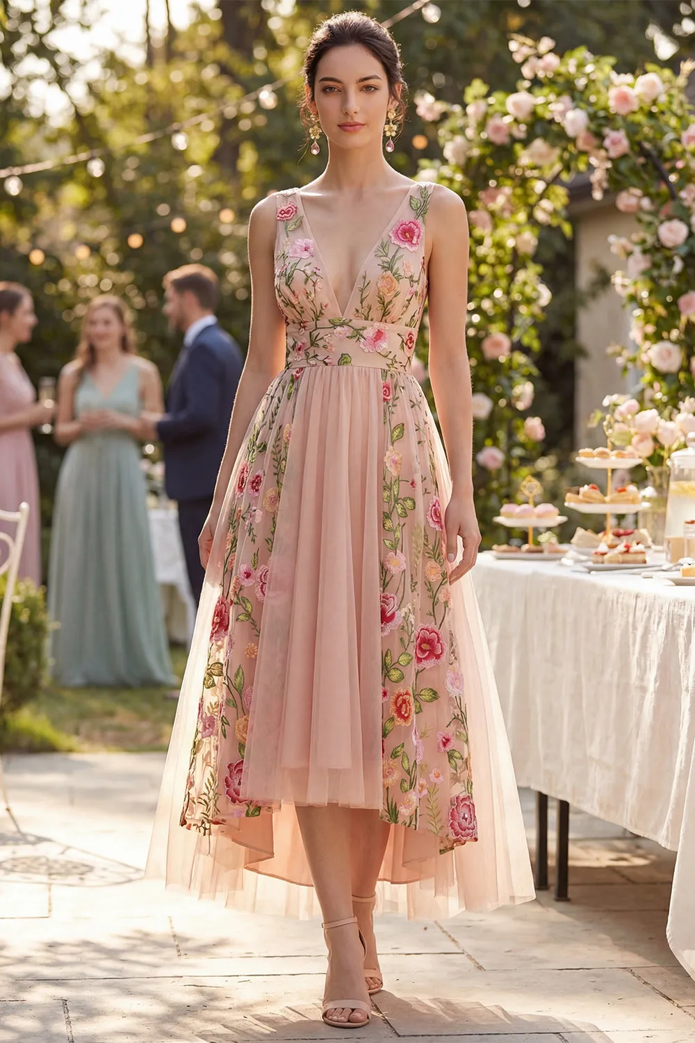 A-Line Tulle V-Neck Blush Embroidered Midi Floral Dress sold by Zapaka