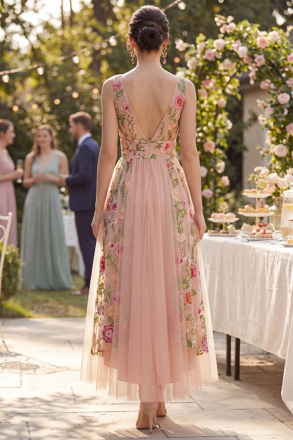 A-Line Tulle V-Neck Blush Embroidered Midi Floral Dress sold by Zapaka product image thumbnail 2