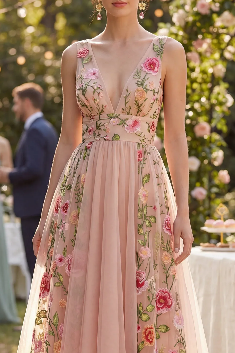 A-Line Tulle V-Neck Blush Embroidered Midi Floral Dress sold by Zapaka product image thumbnail 3