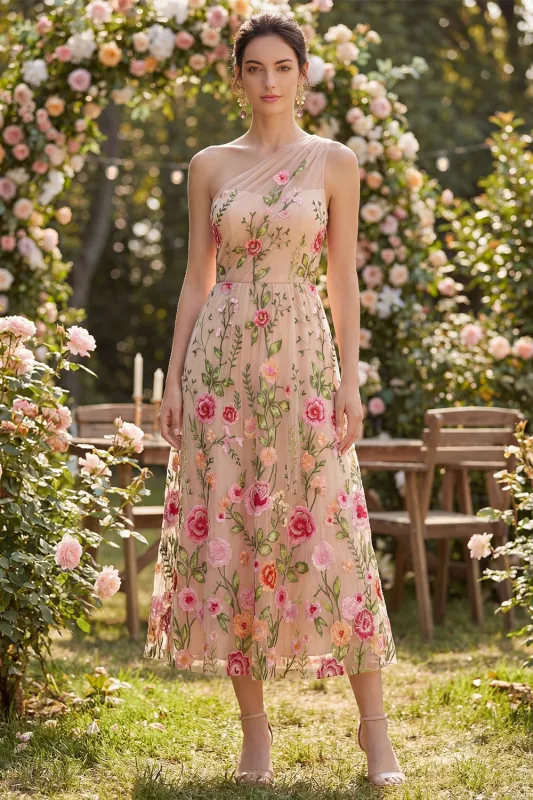 Tulle One Shoulder A-Line Blush Embroidered Floral Midi Dress made by Zapaka