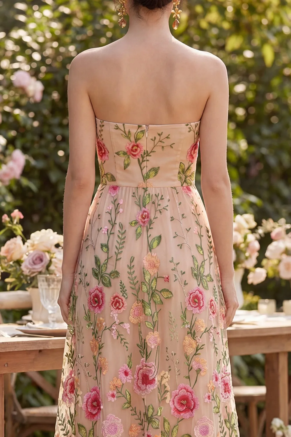 Tulle A-Line Blush Strapless Embroidered Floral Midi Dress sold by Zapaka product image thumbnail 4