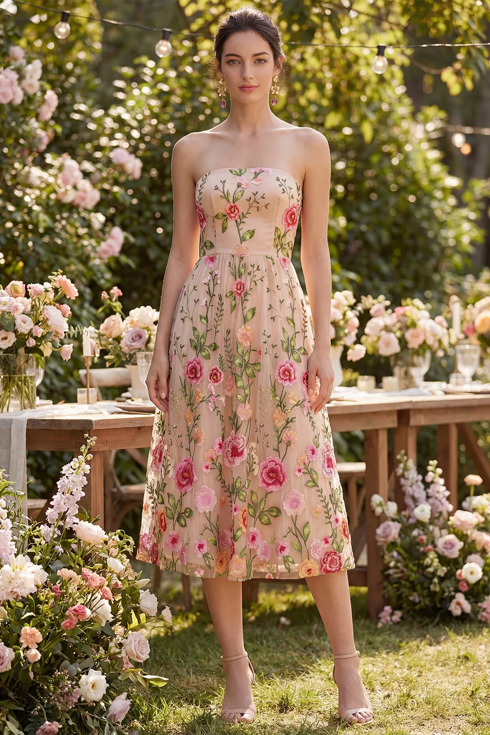 Tulle A-Line Blush Strapless Embroidered Floral Midi Dress sold by Zapaka