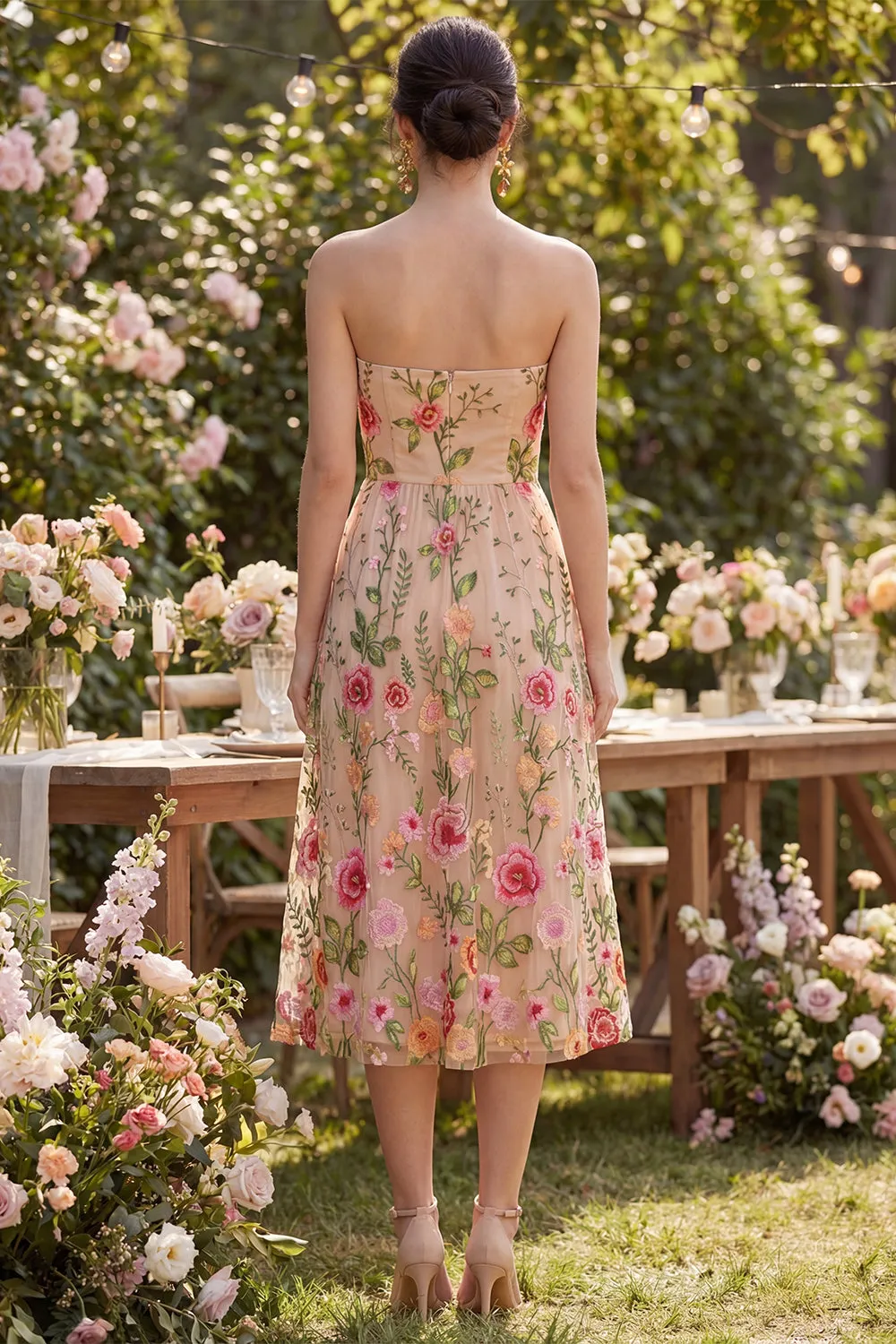 Tulle A-Line Blush Strapless Embroidered Floral Midi Dress sold by Zapaka product image thumbnail 2