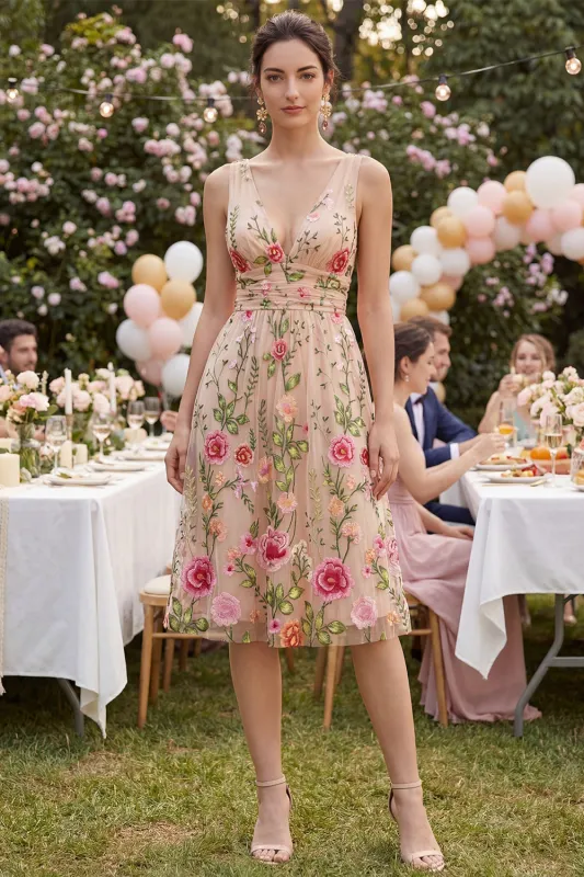 Tulle A-Line Blush V-Neck Embroidered Floral Midi Dress made by Zapaka