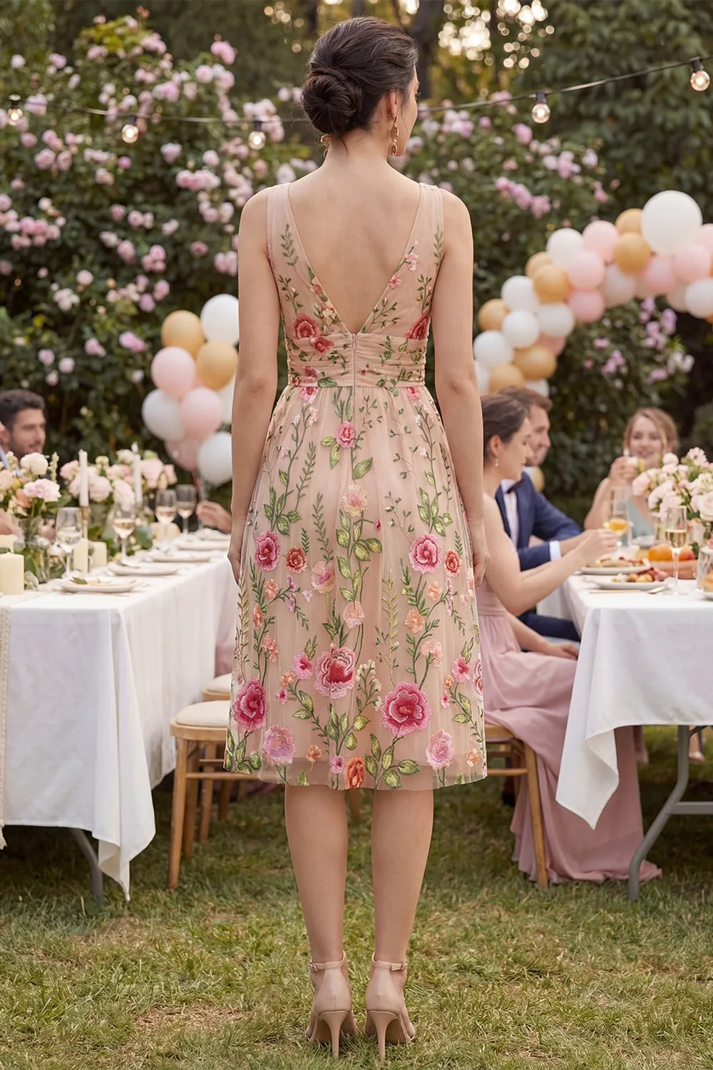 Tulle A-Line Blush V-Neck Embroidered Floral Midi Dress sold by Zapaka product image thumbnail 2