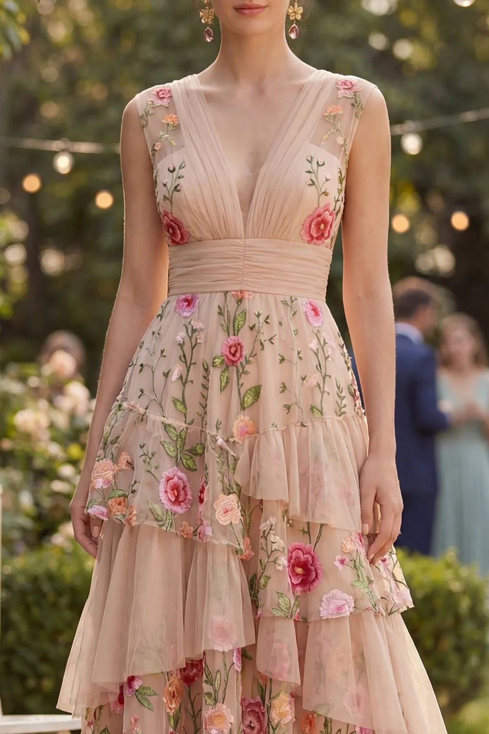 Blush V-Neck Tulle A-Line Tiered Embroidered Long Floral Dress sold by Zapaka product image thumbnail 3