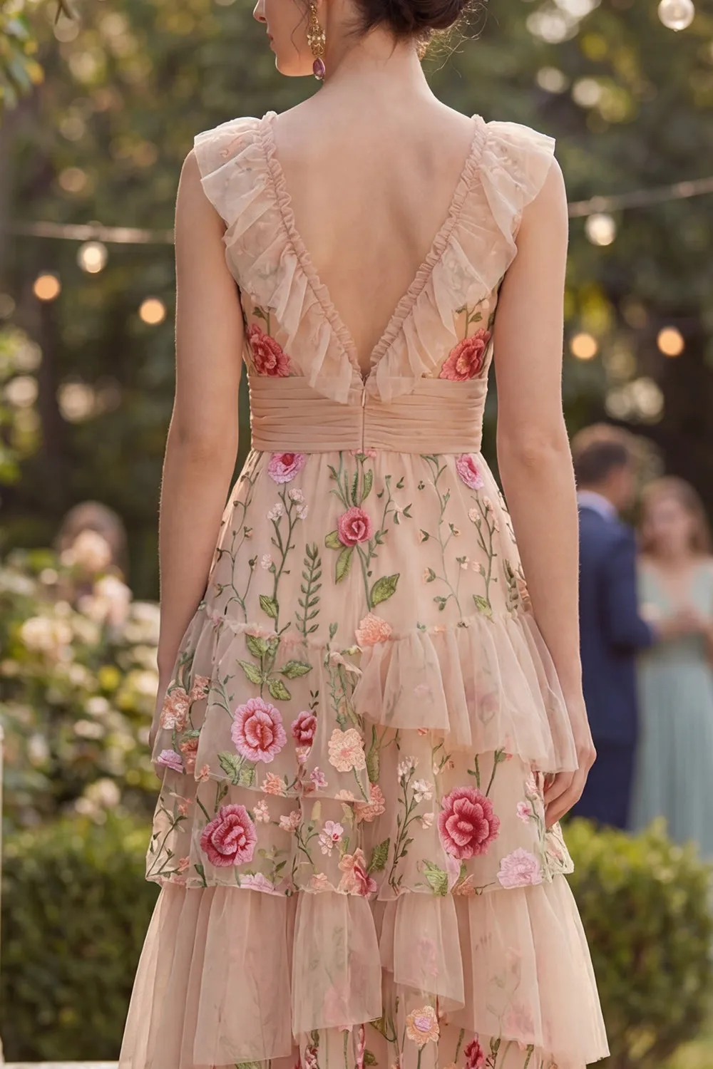 Blush V-Neck Tulle A-Line Tiered Embroidered Long Floral Dress sold by Zapaka product image thumbnail 4