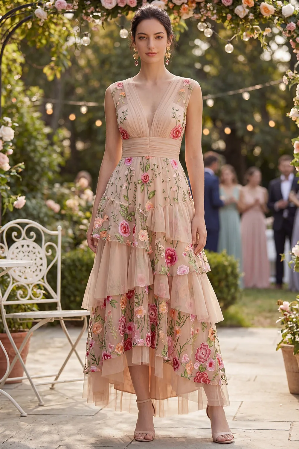 Blush V-Neck Tulle A-Line Tiered Embroidered Long Floral Dress sold by Zapaka