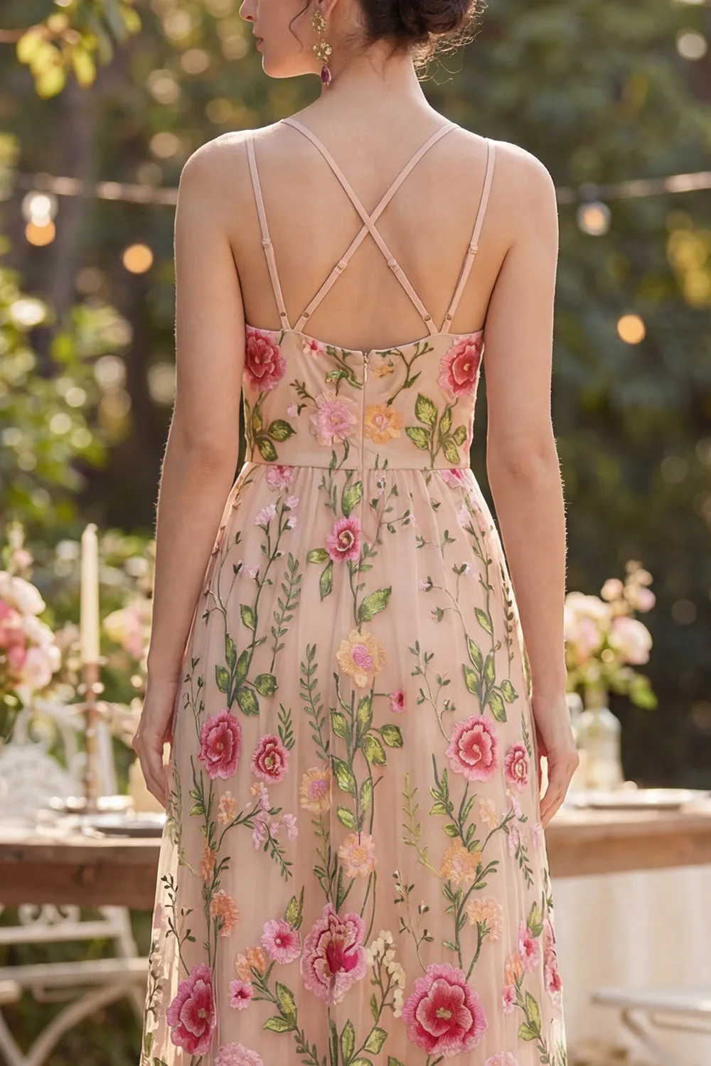 Blush Tulle A-Line Embroidered Long Floral Dress sold by Zapaka product image thumbnail 4