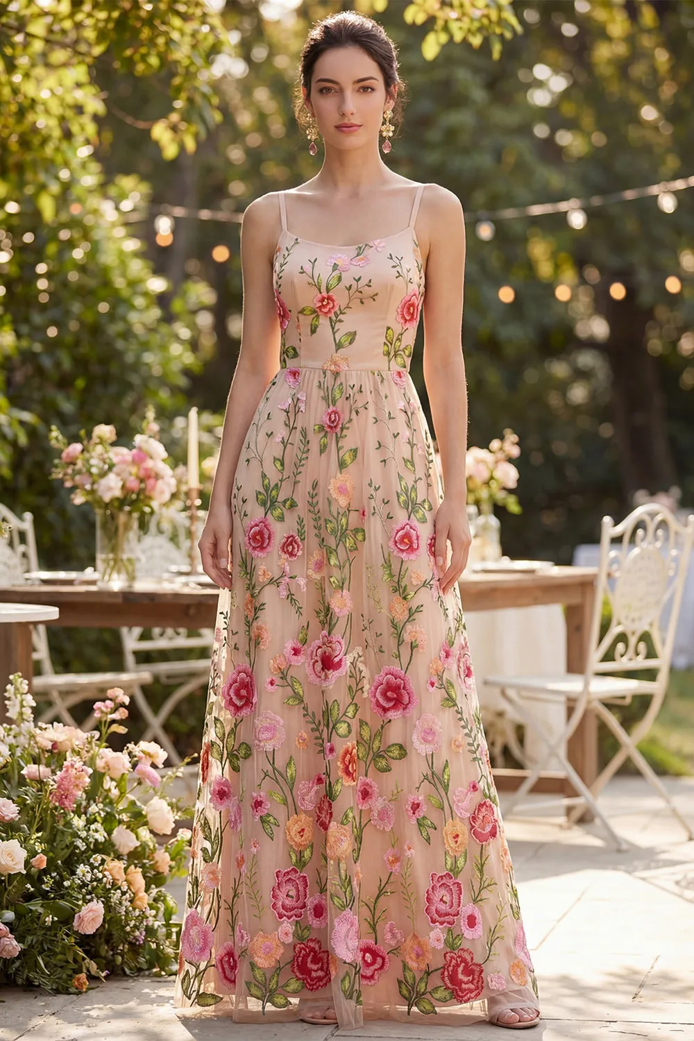 Blush Tulle A-Line Embroidered Long Floral Dress sold by Zapaka