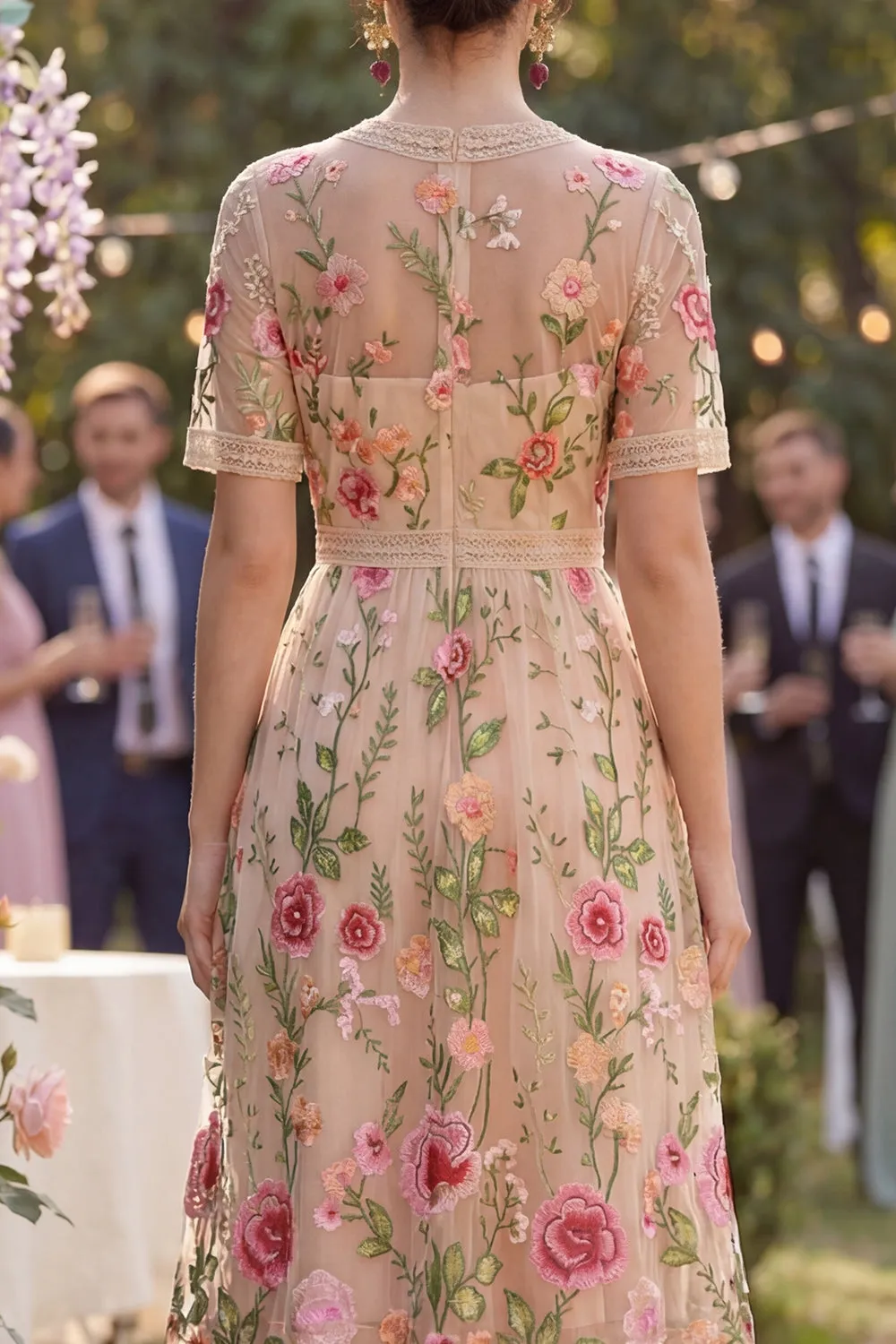 Blush V-Neck Tulle A-Line Embroidered Midi Floral Dress with Short Sleeves sold by Zapaka product image thumbnail 4
