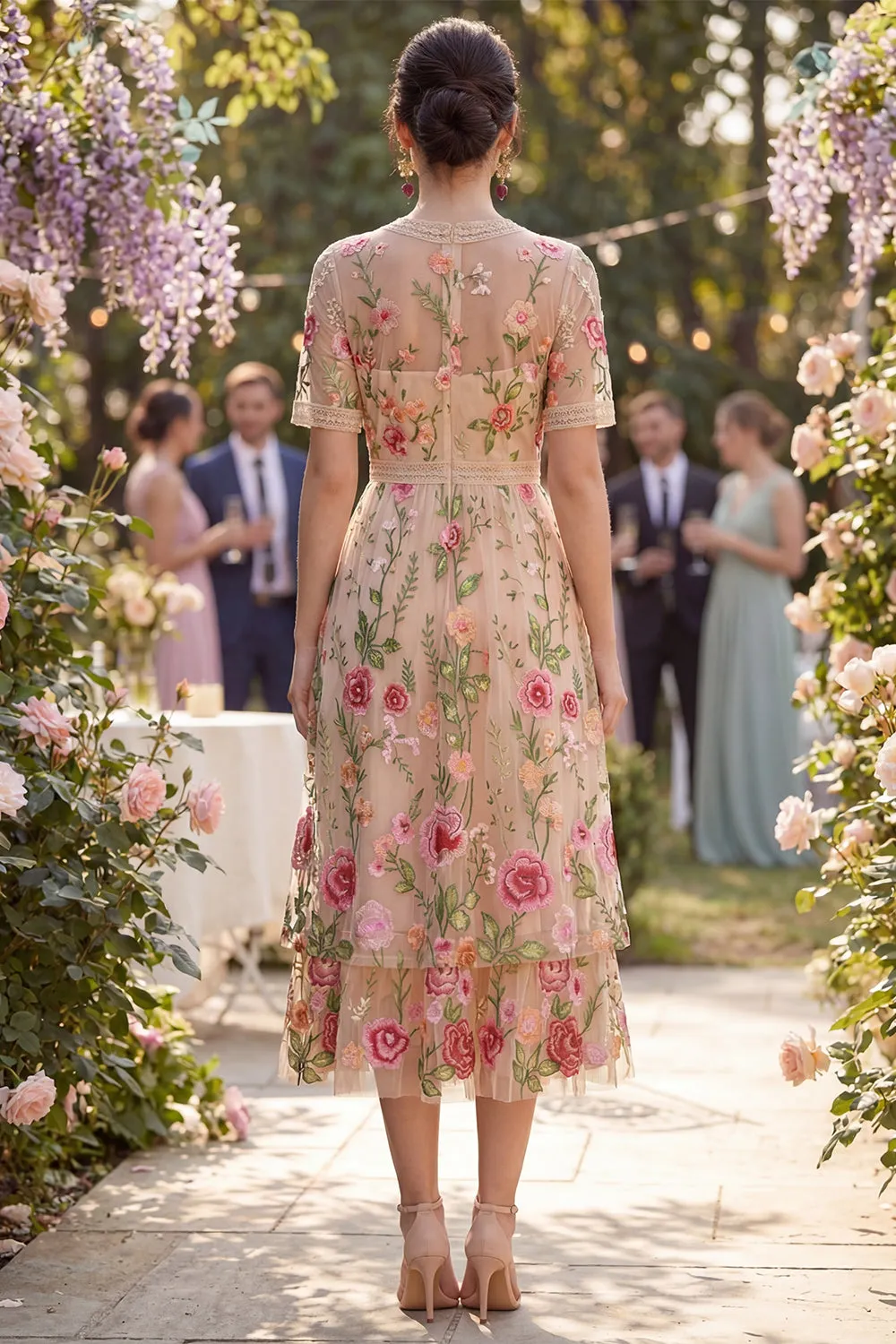 Blush V-Neck Tulle A-Line Embroidered Midi Floral Dress with Short Sleeves sold by Zapaka product image thumbnail 2
