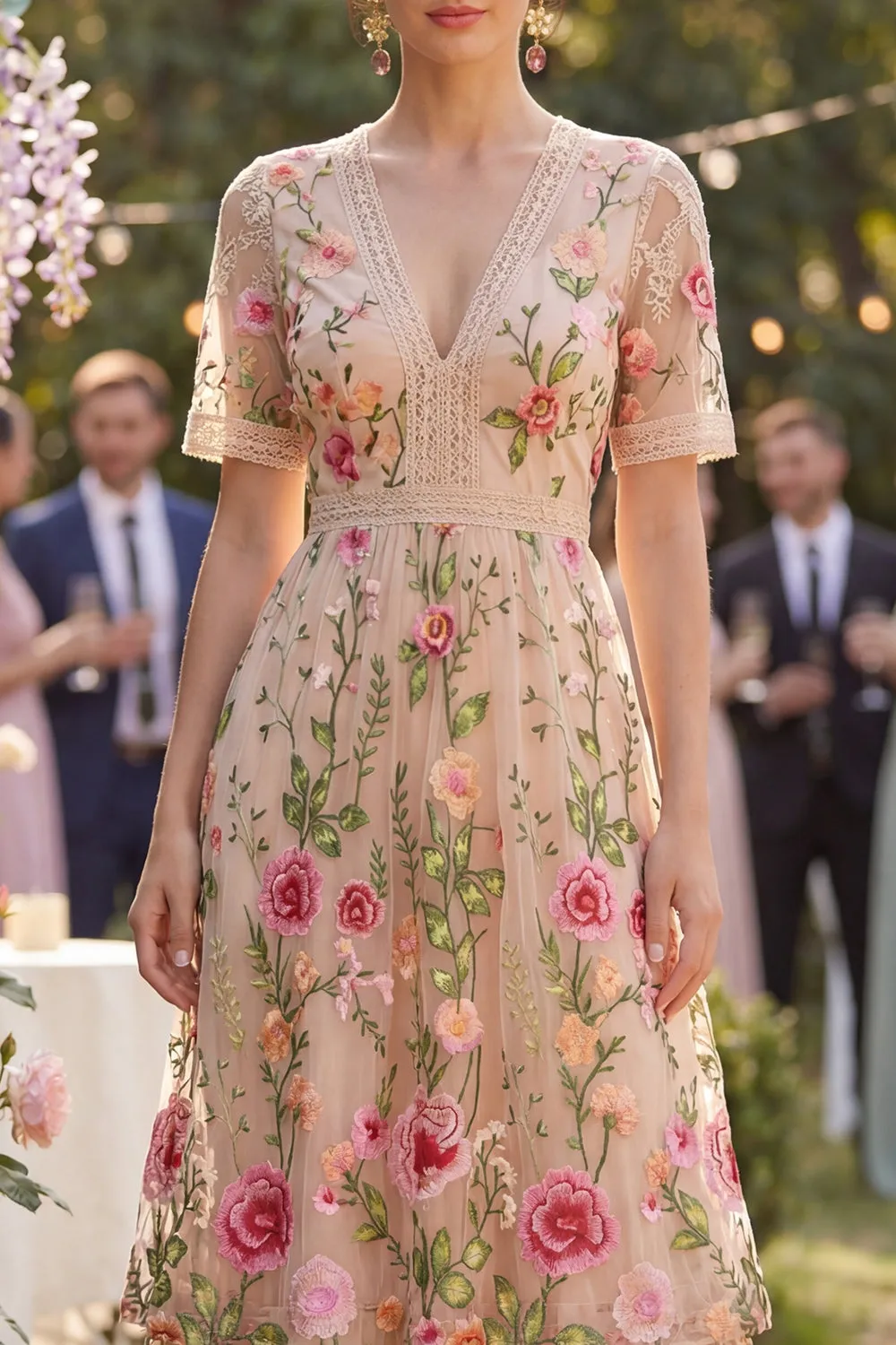 Blush V-Neck Tulle A-Line Embroidered Midi Floral Dress with Short Sleeves sold by Zapaka product image thumbnail 3