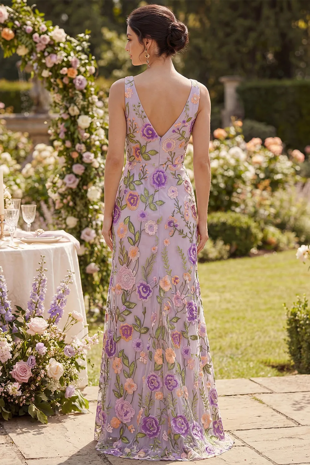 Lilac V-Neck Tulle Mermaid Embroidered Long Floral Dress with Slit sold by Zapaka product image thumbnail 2
