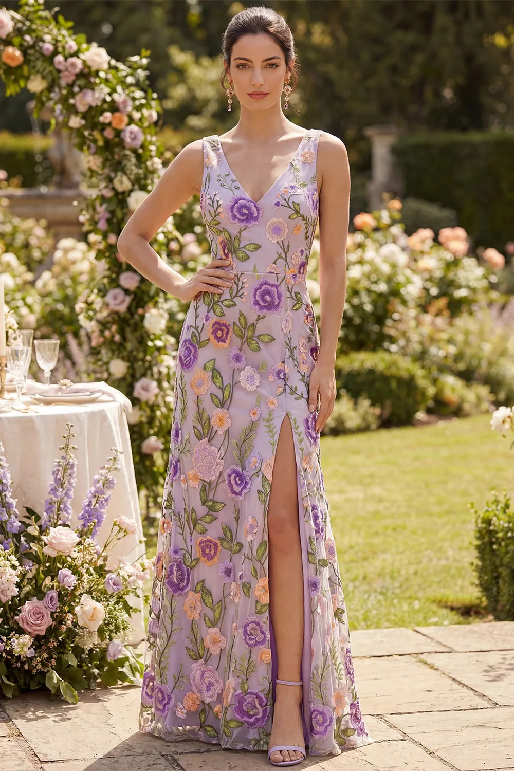 Lilac V-Neck Tulle Mermaid Embroidered Long Floral Dress with Slit sold by Zapaka