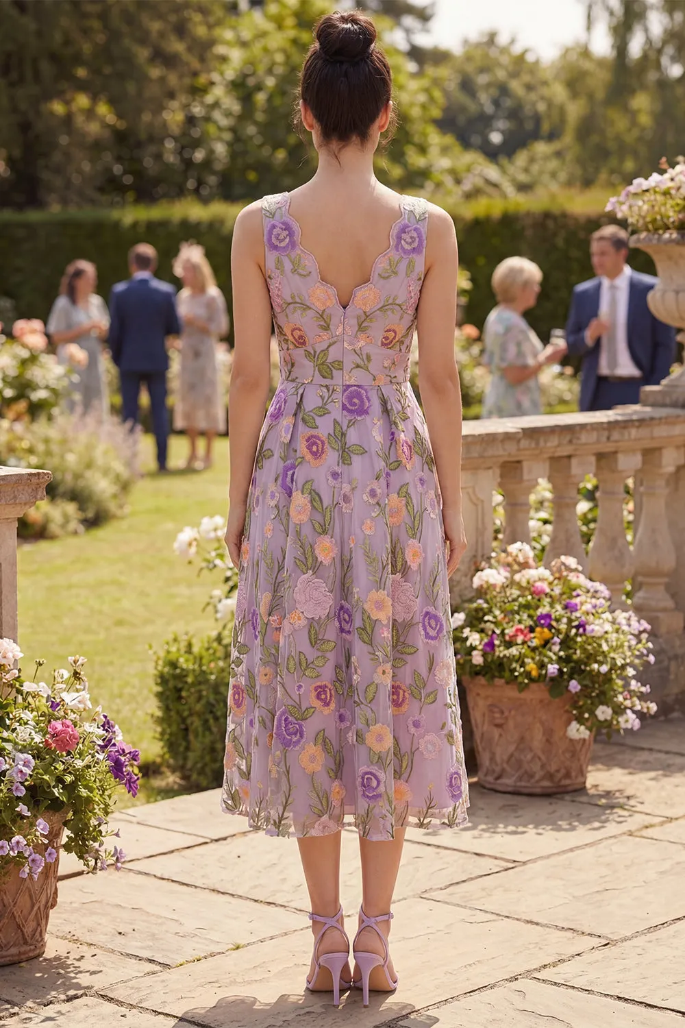 Lilac V-Neck Tulle A-Line Embroidered Floral Midi Dress sold by Zapaka product image thumbnail 2