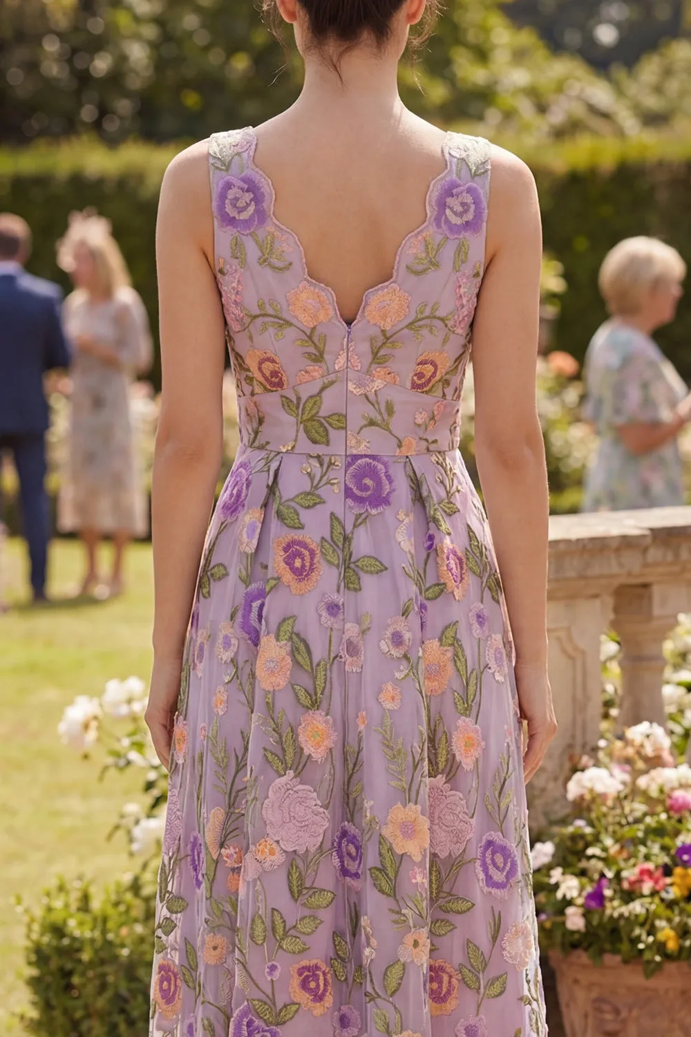 Lilac V-Neck Tulle A-Line Embroidered Floral Midi Dress sold by Zapaka product image thumbnail 4