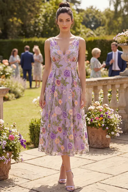 Lilac V-Neck Tulle A-Line Embroidered Floral Midi Dress made by Zapaka