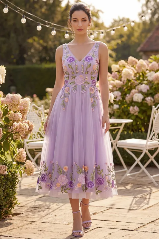Lilac Tulle A-Line Embroidered V-Neck Midi Floral Dress made by Zapaka