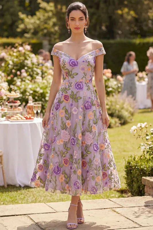 A-Line Off the Shoulder Lilac Tulle Embroidered Midi Floral Dress made by Zapaka