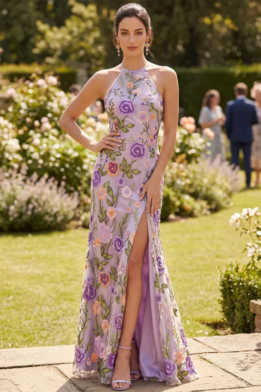 Mermaid Lilac Halter Neck Tulle Embroidered Long Floral Dress with Slit made by Zapaka