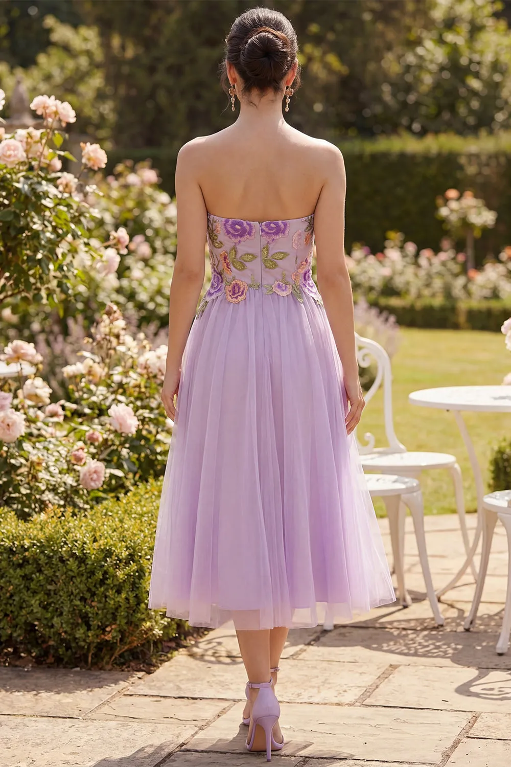 Strapless Lilac Tulle A-Line Embroidered Floral Midi Dress sold by Zapaka product image thumbnail 2