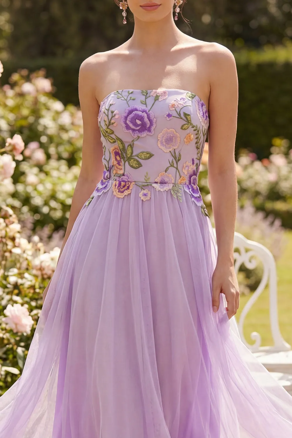 Strapless Lilac Tulle A-Line Embroidered Floral Midi Dress sold by Zapaka product image thumbnail 3