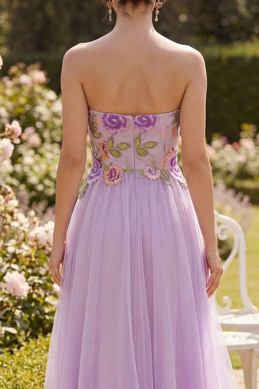 Strapless Lilac Tulle A-Line Embroidered Floral Midi Dress sold by Zapaka product image thumbnail 4