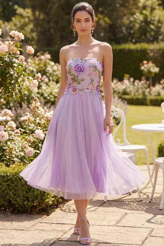 Strapless Lilac Tulle A-Line Embroidered Floral Midi Dress made by Zapaka
