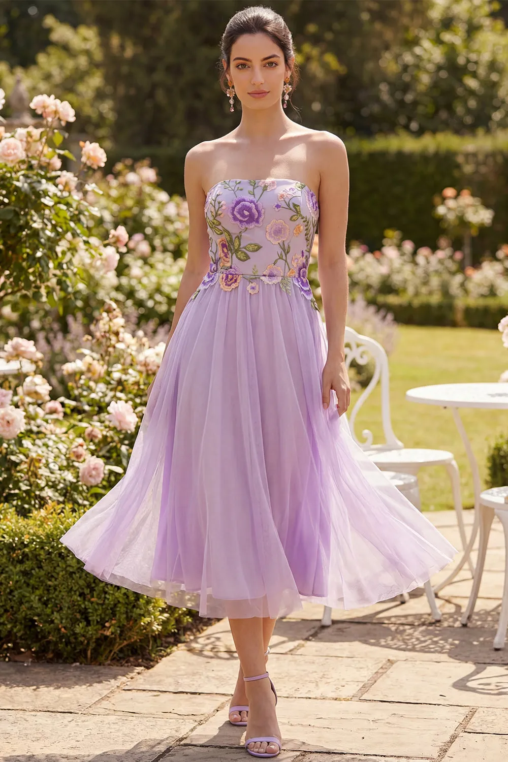Strapless Lilac Tulle A-Line Embroidered Floral Midi Dress sold by Zapaka