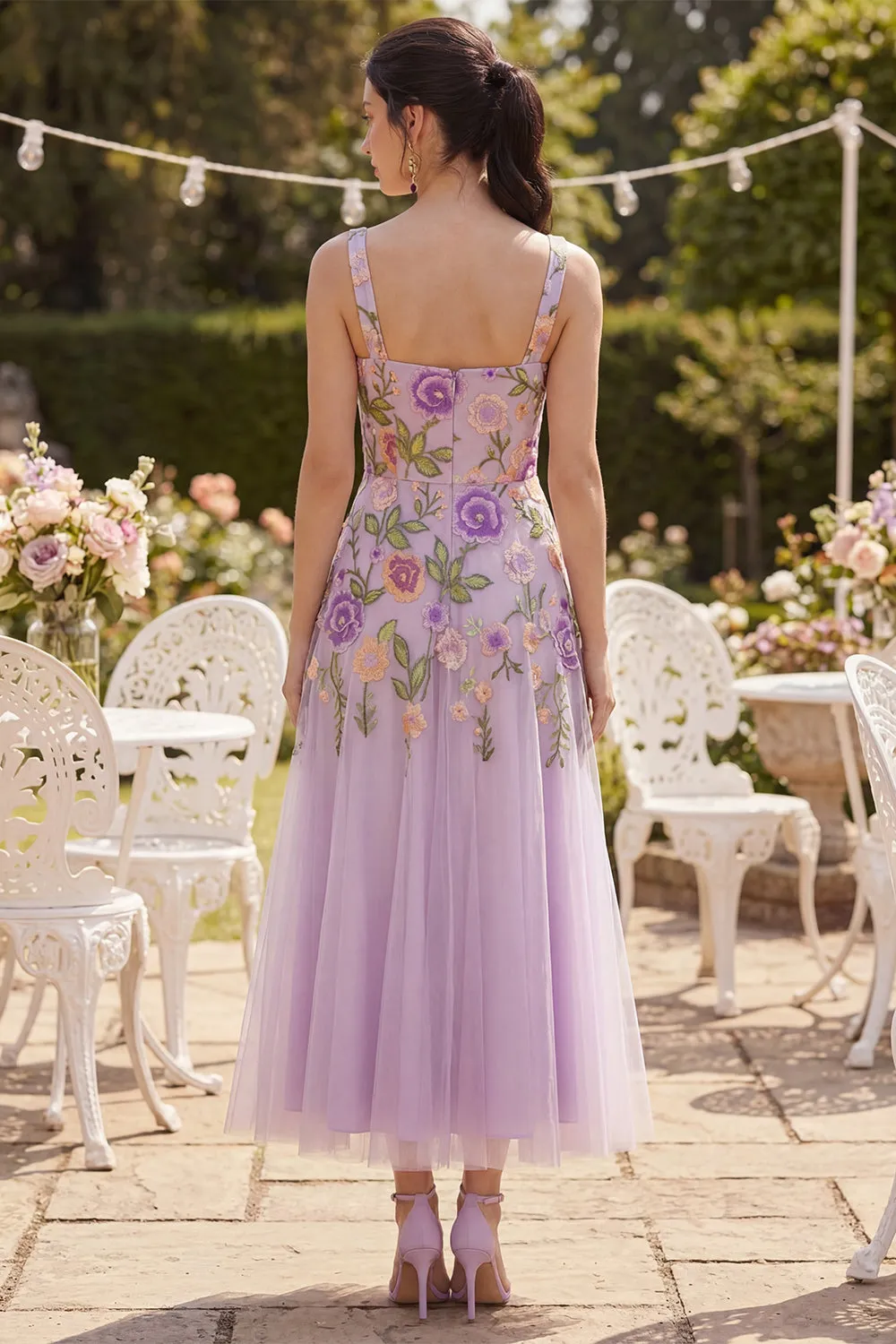 Lilac Tulle A-Line Embroidered Square Neck Floral Midi Dress sold by Zapaka product image thumbnail 2