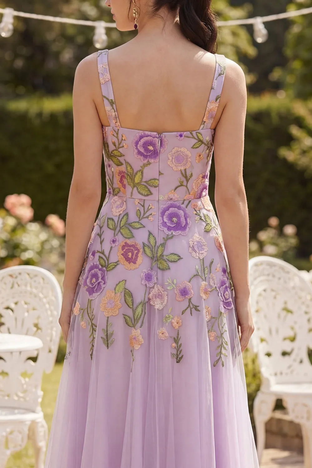 Lilac Tulle A-Line Embroidered Square Neck Floral Midi Dress sold by Zapaka product image thumbnail 4