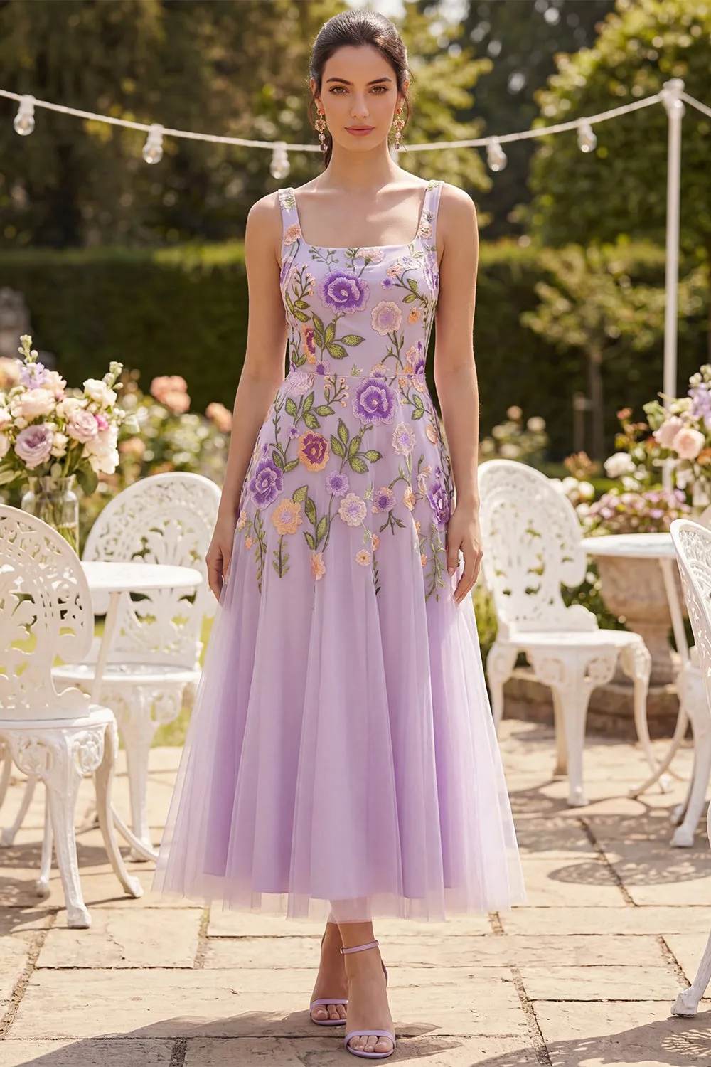 Lilac Tulle A-Line Embroidered Square Neck Floral Midi Dress sold by Zapaka