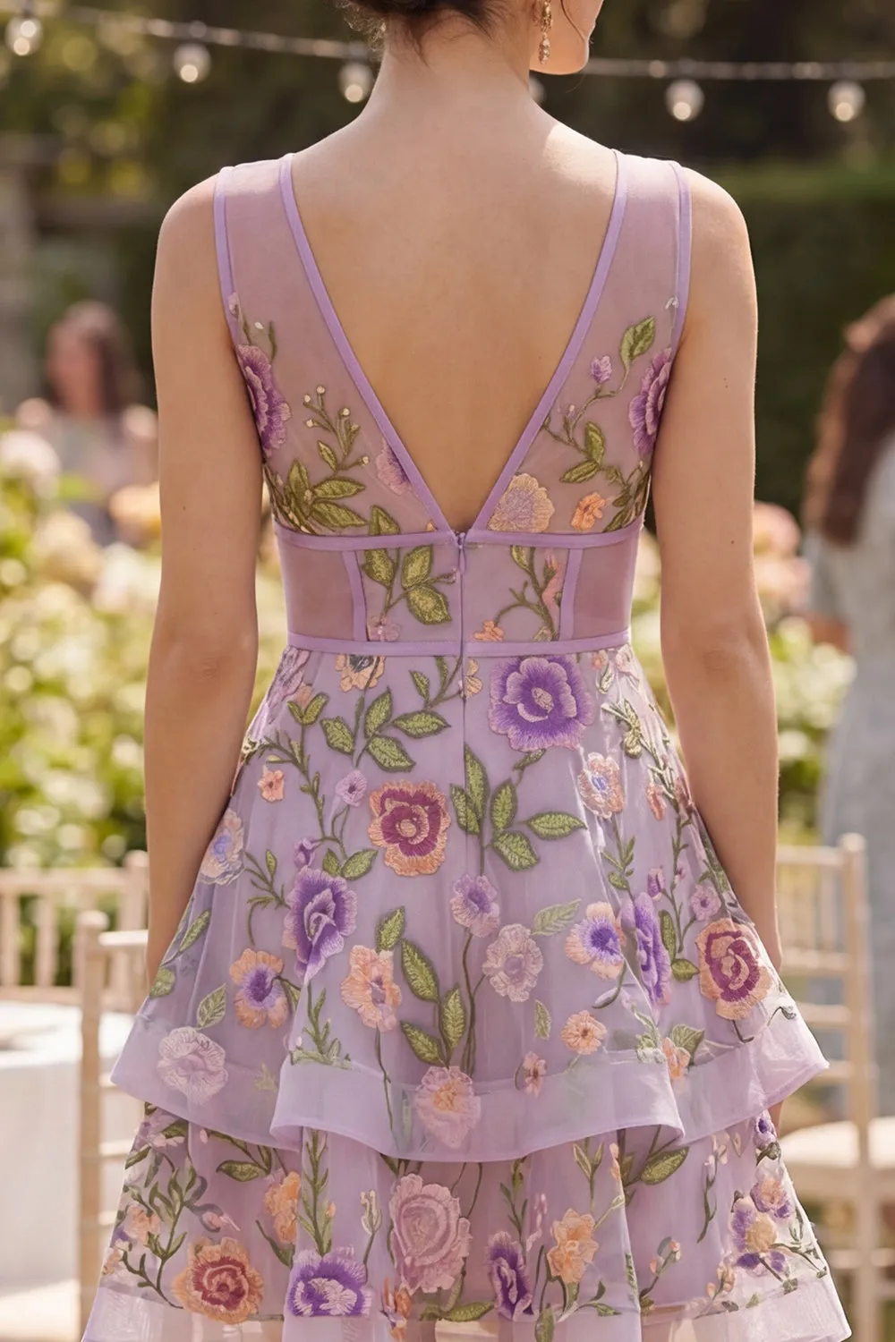 Lilac A Line Tulle Embroidered V-Neck Mini Floral Dress sold by Zapaka product image thumbnail 4