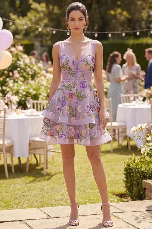 Lilac A Line Tulle Embroidered V-Neck Mini Floral Dress made by Zapaka
