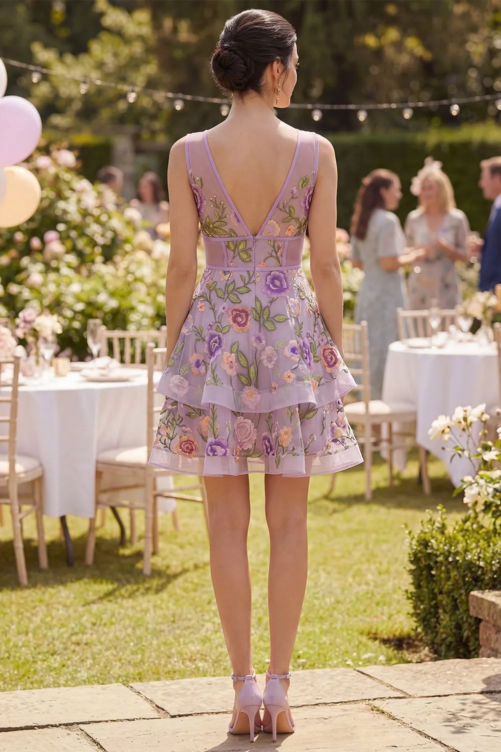 Lilac A Line Tulle Embroidered V-Neck Mini Floral Dress sold by Zapaka product image thumbnail 2