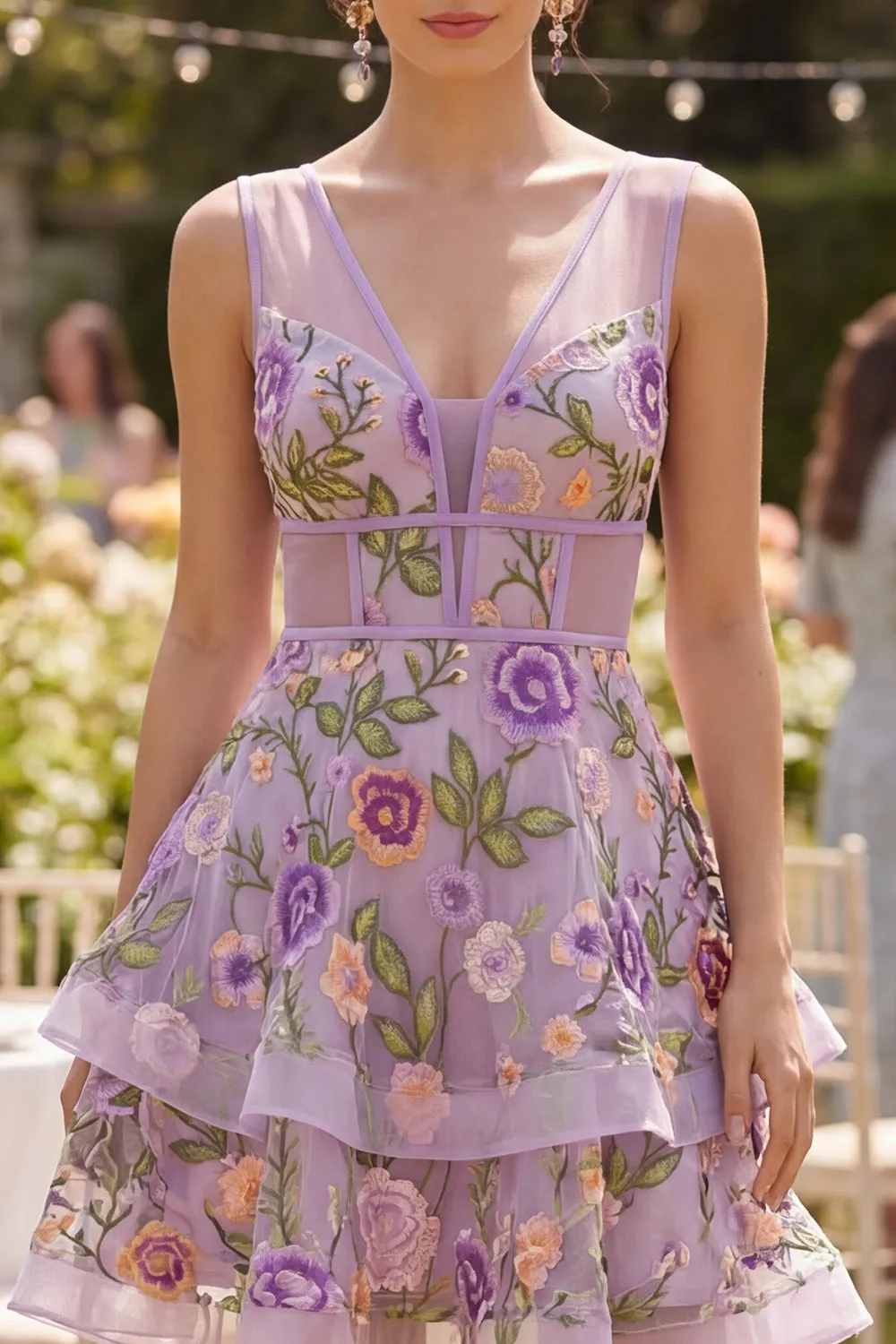 Lilac A Line Tulle Embroidered V-Neck Mini Floral Dress sold by Zapaka product image thumbnail 3